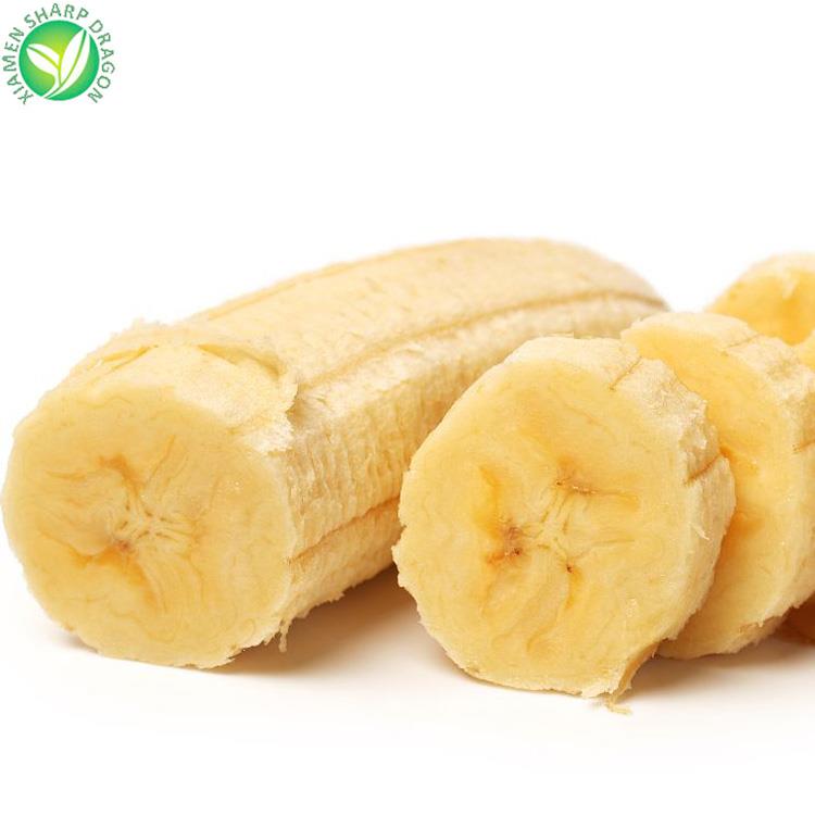 Peeled banana with round banana slices on a white background